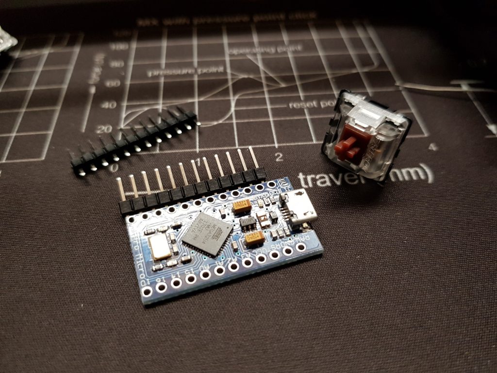 The Pro Micro ready for soldering. The switch is a Gateron Brown which I will use for this board.