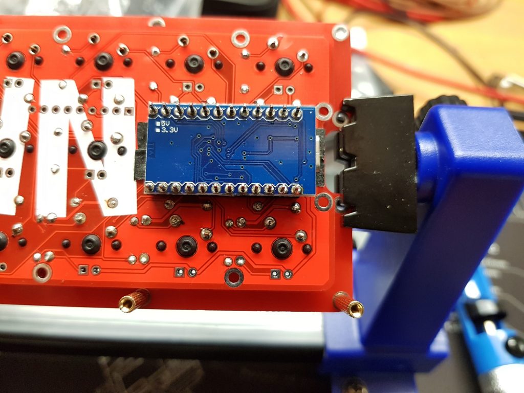 The Pro Micro board soldered on as the final piece before adding the bottom plate